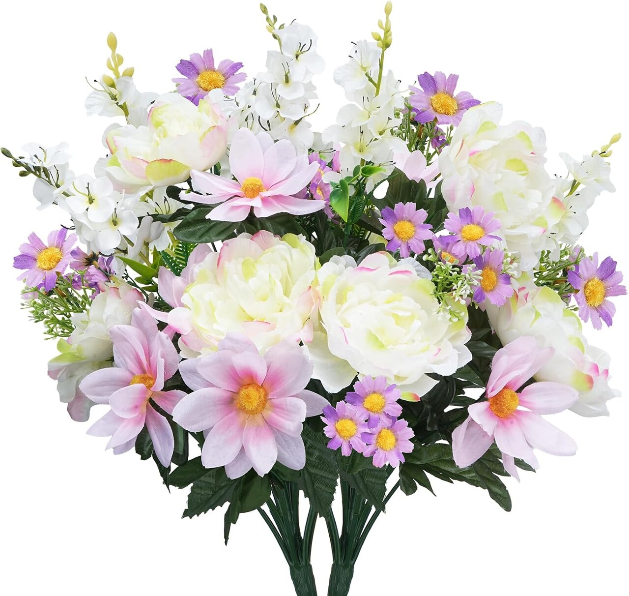 20.5inch Silk Artificial Spring Flowers 2 Bundles - White Peony, Purple Daisy Fake Wildflowers & White Hyacinth, Faux Grave Flowers for Cemetery, Wedding Centerpieces, Home Decor, Table Vase
